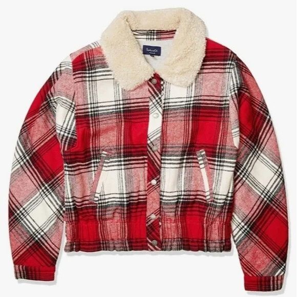 Splendid Bomber Jacket Red Plaid Flannel Fleece-Lined Collar Snap Button Elastic - Picture 9 of 10